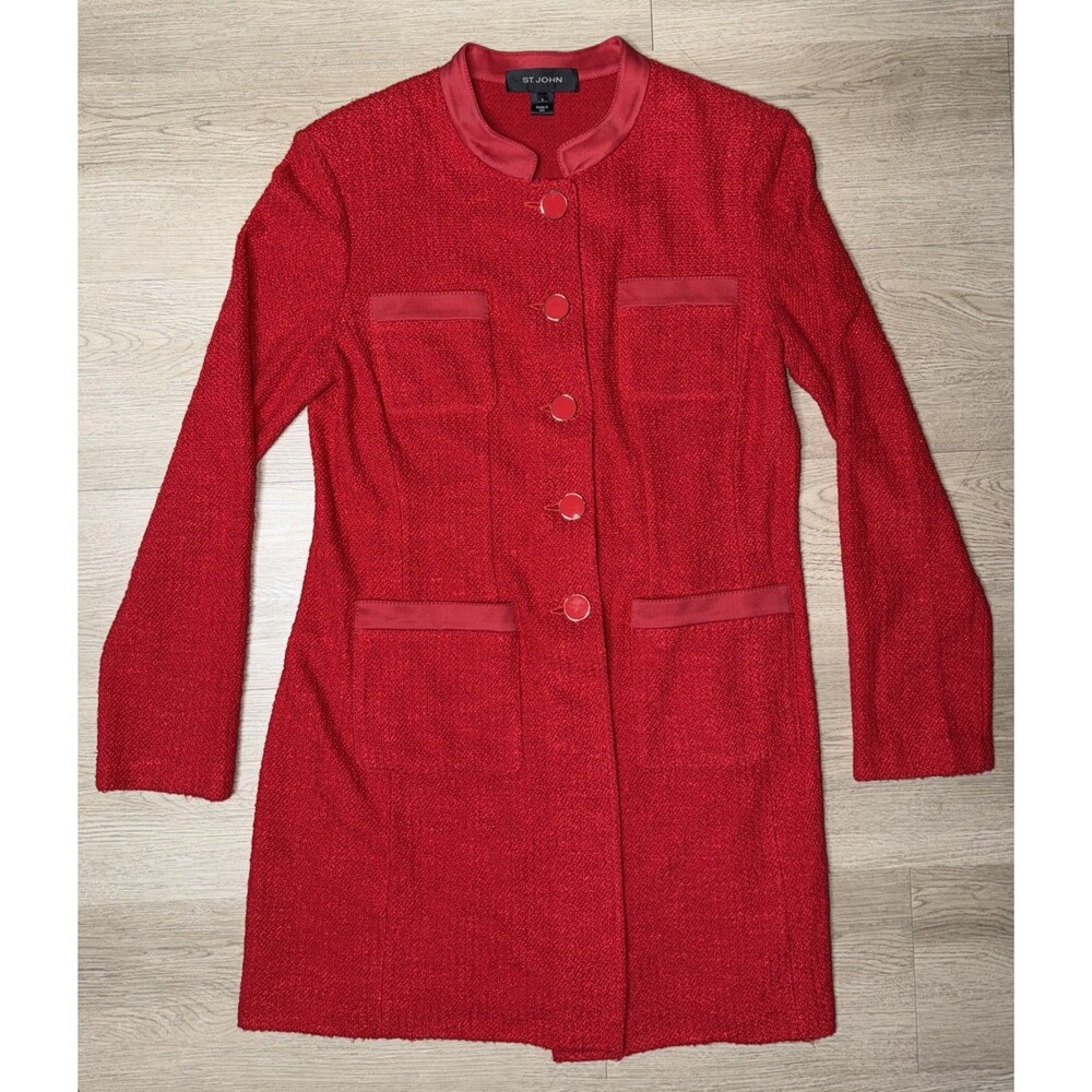 St John Red Women’s Jacket Wool Size 6 Made In USA 4 Pocket 5 Button Long Sleeve